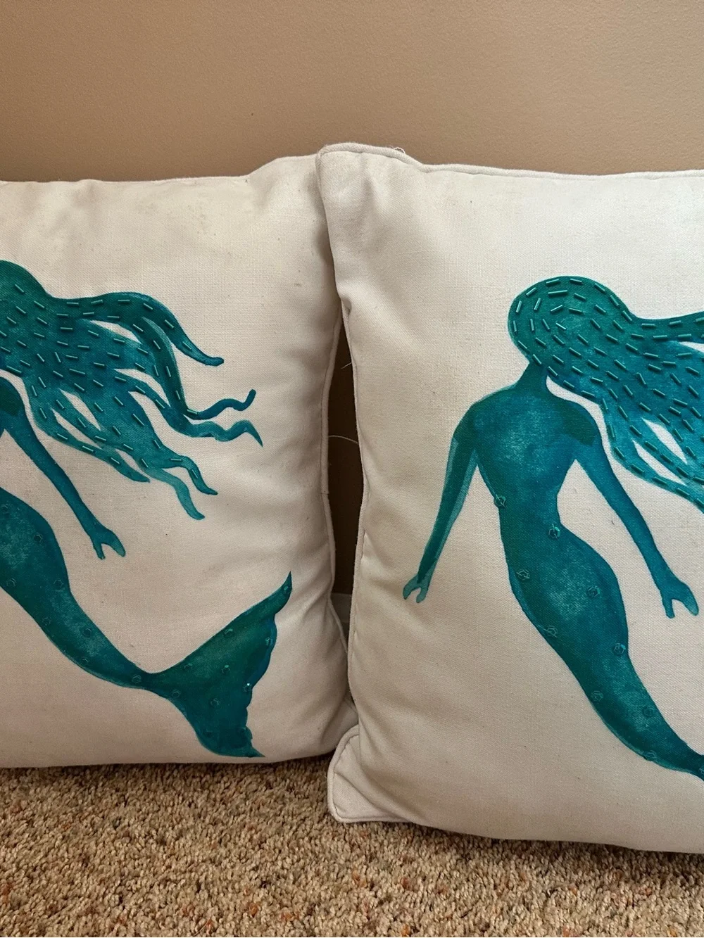 Pair of 13”x17” teal and cream beaded mermaid accent pillows